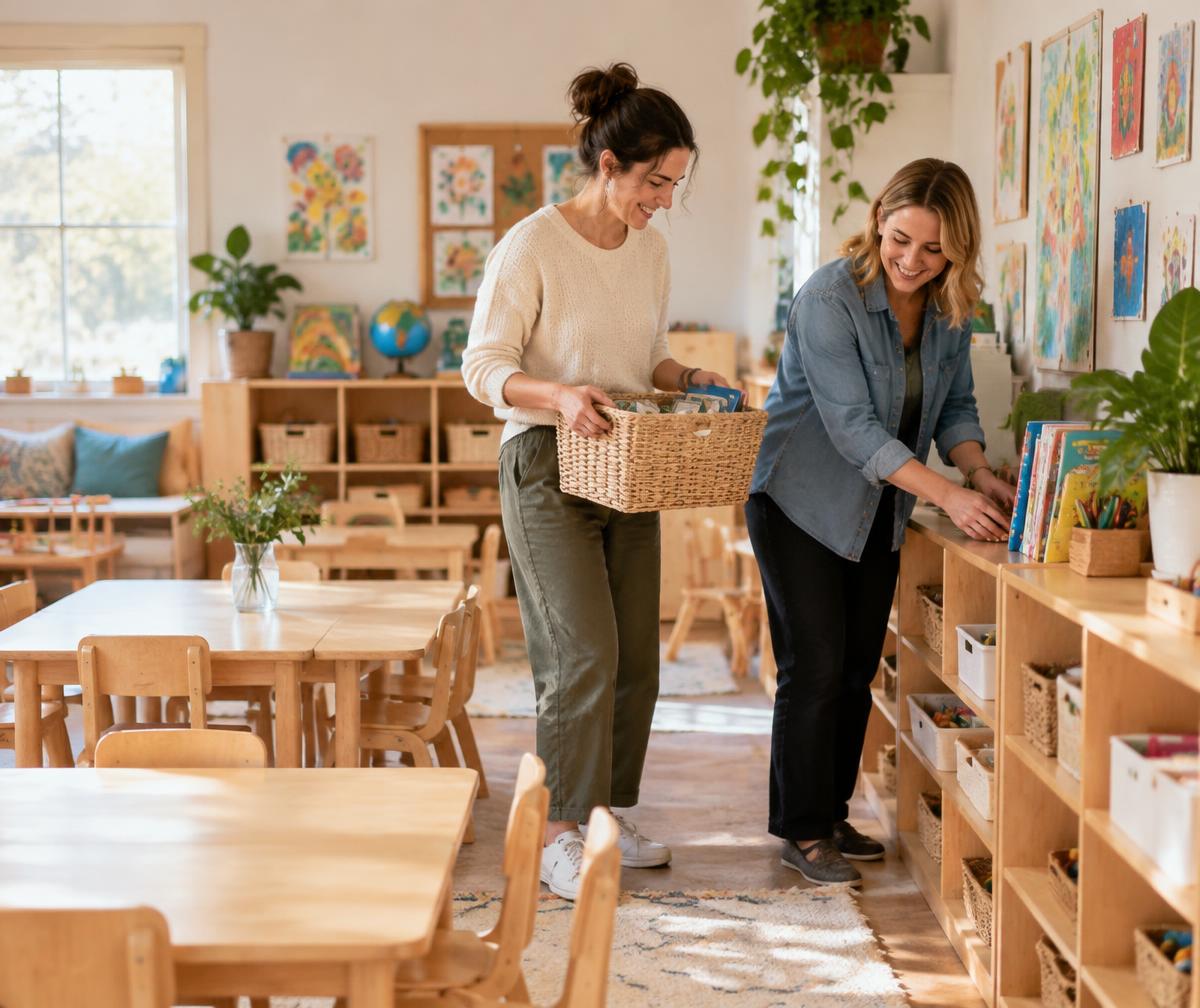 Two childcare professionals organizing a welcoming preschool classroom